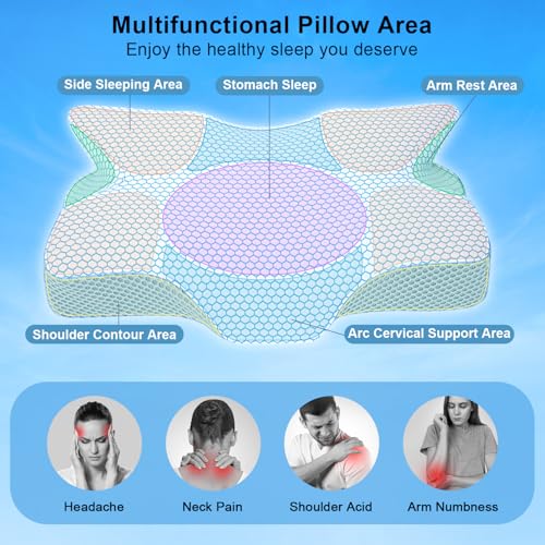 Anvo Cervical Pillow for Neck Pain Relief - Neck Pillows for Pain Relief Sleeping - Memory Foam Pillow for Neck and Shoulder Pain - Ergonomic Pillow for Side Back Stomach Sleeper-Blue Firm Queen