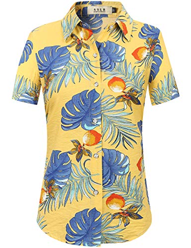 SSLR Womens Hawaiian Shirts Floral Short Sleeve Blouses Button Up Shirts for Women (X-Small, Yellow)