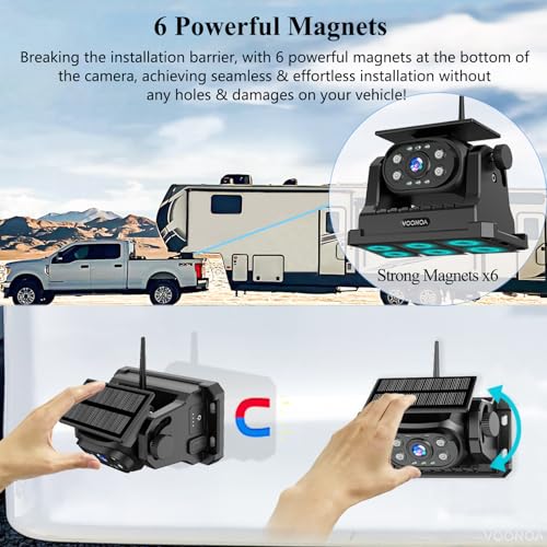 Solar Wireless Magnetic Backup Camera, 9600mAh Battery Powered Rechargeable Waterproof HD Back Up Rear View Bluetooth Hitch Camera with 7 Inch 1080P Monitor System for Car Truck Trailer RV VN003