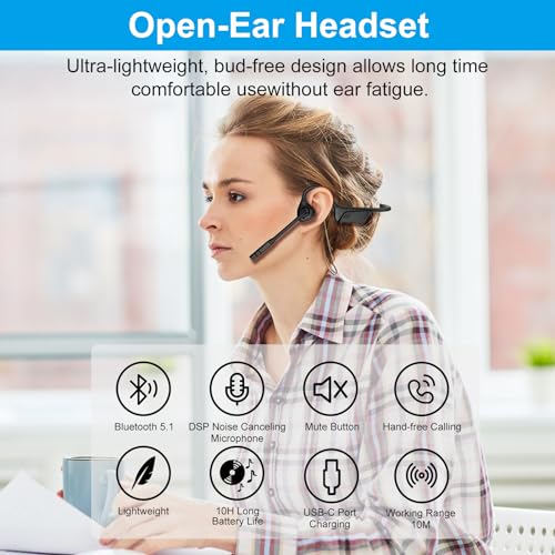Smof Air Conduction Headset with Mic,Open Ear Wireless Headphones with Bluetooth 5.1/Mute Function/aptX-HD/LL,for Online Meeting/Online Teaching/Office Home Business/Driving（Black）