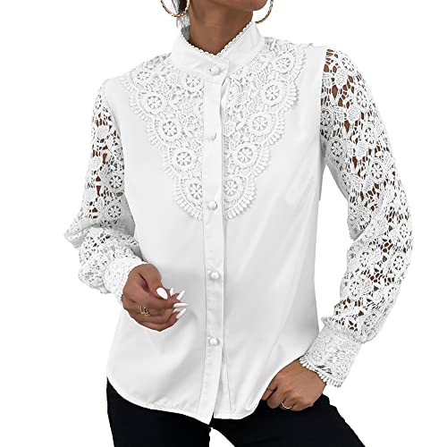 Rooscier Women's Lace Crochet Mock Neck Long Sleeve Button Elegant Blouse Shirt Top Caramel Small