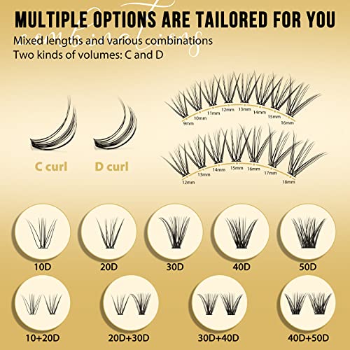 QUEWEL Lash Clusters 320Pcs Cluster Lashes 30D+40D C Curl Lash Clusters Mix12-18mm Individual Eyelashes Clusters Wispy DIY Eyelash Extension Thin Band Soft to Use at Home (30D+40D C Mix12-18)