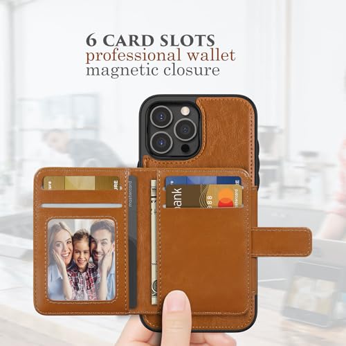 LOHASIC Wallet Case for iPhone 15 Pro Max, Compatible with Mag-Safe, 6 Card Holder, Magnetic Back, Vintage PU Leather ProMax Phone Cover Men Women, 6.7 Inch, 5G, 2023 - Brown