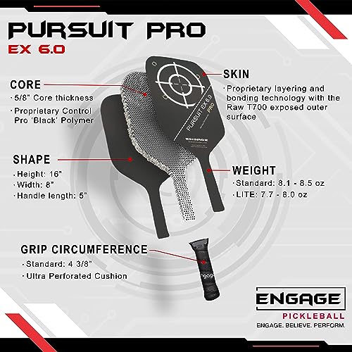 Engage Pursuit Pro EX 6.0 Pickleball Paddle – Widebody Shape, Raw T700 Toray Carbon Fiber Face, 16mm Control Pro “Black” Core, Vortex Barrier Edge Technology Limits Vibration – Lightweight