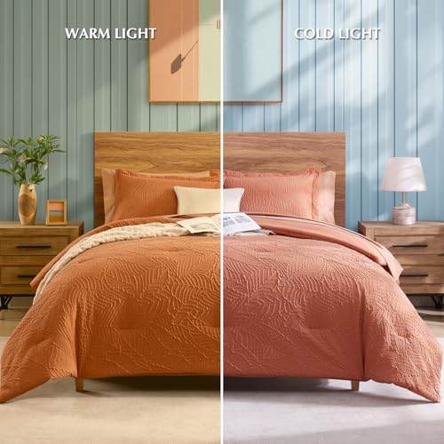 Geniospin Twin Comforter Set - 5 Pieces Burnt Orange Bedding Set, Botanical Textured Comforter Set, All Season Lightweight Bed in a Bag with Comforter, Sheets, Pillowcases & Shams