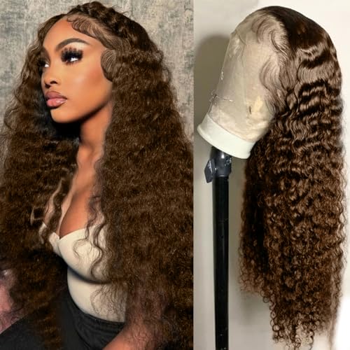 Zormsert 13x6 Chocolate Brown Deep Wave Lace Front Wigs Human Hair Colored Deep Curly Human Hair Wig 200 Density Colored Human Hair Wig Hair Pre Plucked Bleached Knots with Baby Hair 18 Inch
