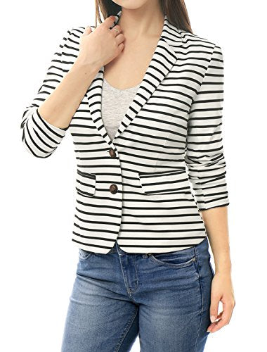 Allegra K Women's Notched Lapel Pocket Button Closure Striped Blazer Small White Brown