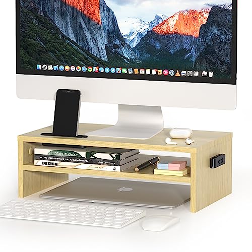 BONTEC Monitor Stand Riser, 2 Tiers Wood Monitor Riser Stand with Storage Organizer, Desktop Ergonomic Monitor Stand Riser with Cellphone Holder and Cable Management, 16.5 Inch Shelf, Maple