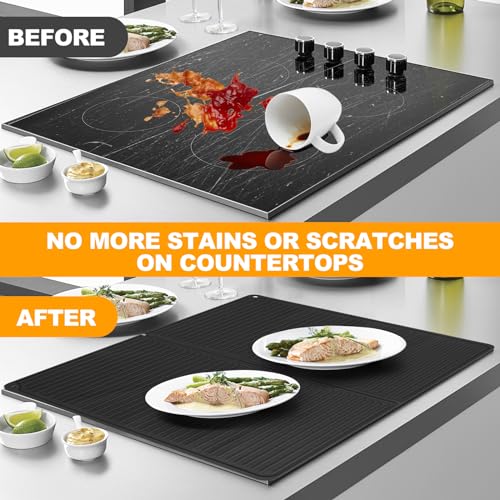 Electric Stove Cover Silicone Mat - 28 x 20 Ceramic Stove top Cover, Heat Resistant Glass Cooktop Cover, Flat RV Range Stovetop Protector, XL Dish Drying Mats for Kitchen (Black)