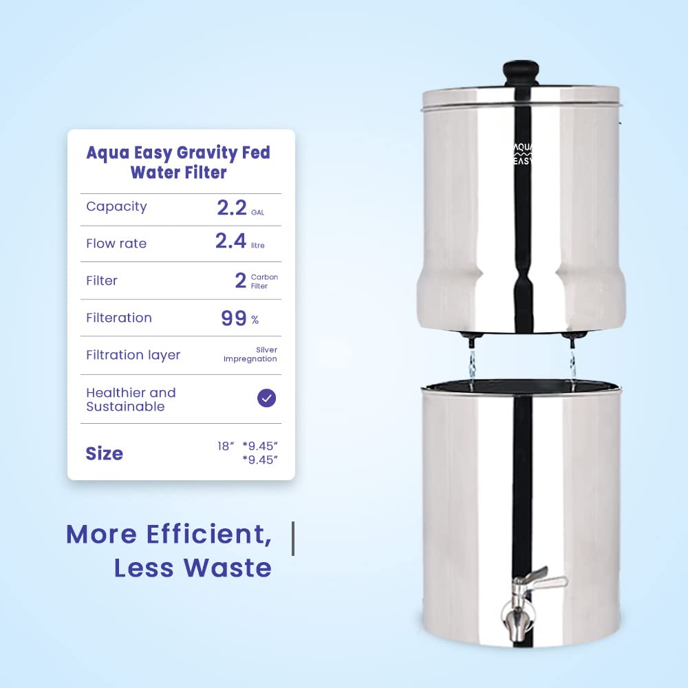 AquaEasy Lite Stainless Steel Gravity Water Filter System (2.25 Gallon) with 2X Activated Carbon Filter, (Glossy) Countertop Water Filtration System