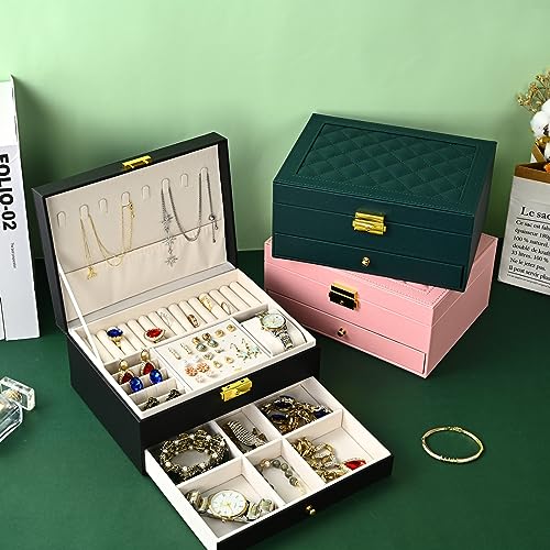 GUOER Jewelry Box for Women Girl Wife - Large PU Leather Jewelry Organizer Storage Case with Two Layers Display for Earrings Bracelets Rings Watches (Black)