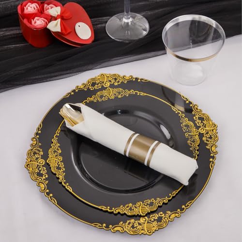 Nervure 175PCS Blue and Gold Plastic Plates & Pre Rolled Napkins with Plastic Cutlery for 25 Guests Gold Disposable Plates 75 Gold Plastic Silverware, 25Cups, 25Napkins for Wedding & Party