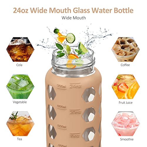 MUKOKO 24oz Glass Water Bottle with 2 Lids-Handle Flip Lid&Bamboo Straw Lid,Motivational Water Tumbler with Time Marker Reminder and Silicone Sleeve, Leakproof-Amber