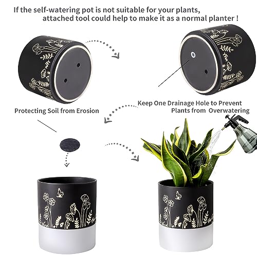 Nihow Self Watering Plant Pot: 6 Inch Ceramic Planter with Drainage Hole & Water Storage Plus for Indoor & Outdoor Plants - Cylinder Round Flower Pot for Succulent/Herbs/Violets -Black