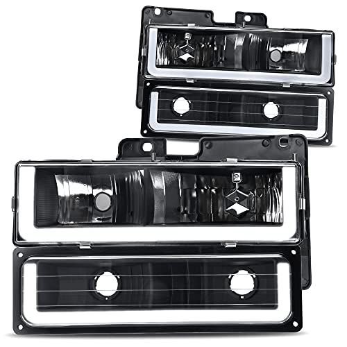 DWVO LED DRL Headlights Assembly Compatible with 1990-1999 Chevy Silverado C/K 1500 2500 3500/Suburban/Tahoe/GMC Yukon Headlamp Replacement Pair with Daytime Running Light