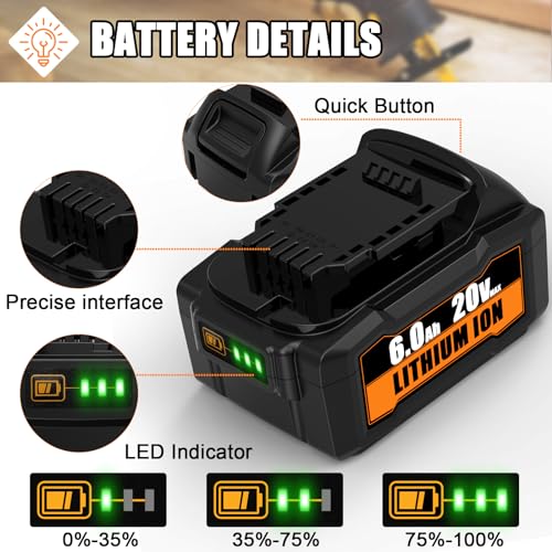 KIGWOF 2 Packs 20V Replacement for DeWalt 20V MAX Battery 6Ah, Compatible with 20 Volt Dewalt Batteries Cordless Power Tools with LED Indicator DCB200 DCB206 DCB204 DCB203 DCB210