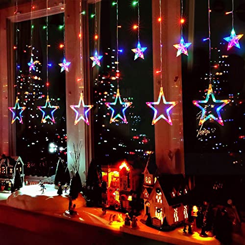 12 Stars 138 LED Bedroom Decorations Star Window Lights, Curtain String Lights Wall Decor Plug In for Outdoor with 8 Modes, Waterproof Hanging Window Decor Wall Lights For Christmas Decor (Multicolor)