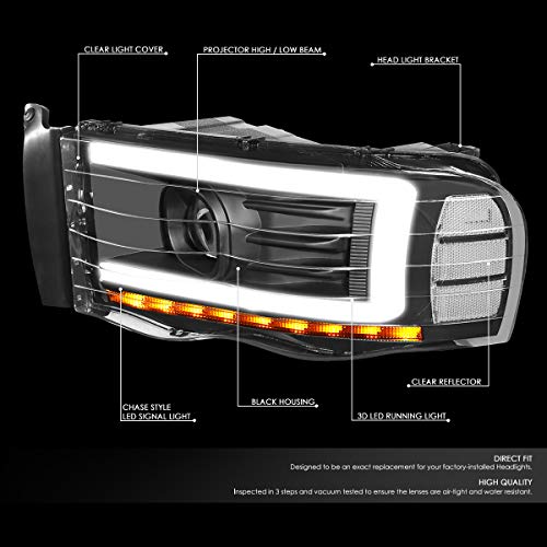 Auto Dynasty LED DRL Headlight Compatible with 2002 2003 2004 2005 Dodge Ram 1500 2500 3500 Sequential Turn Signal Black Clear Corner Projector Headlights