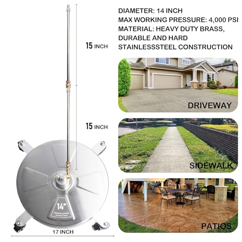 Hourleey 14" Pressure Washer Surface Cleaner, Stainless Steel Surface Cleaner with 4 Wheels for Concrete, Patio, Sidewalk, Deck, Pathway 1/4" Quick Connector, 2 Extension Wand, 4000 PSI