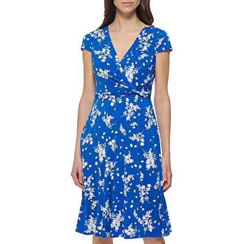 Jessica Howard Women's Printed Knit Jersey Fit & Flare Cap Sleevee-Desk to Dinner, Royal, 16