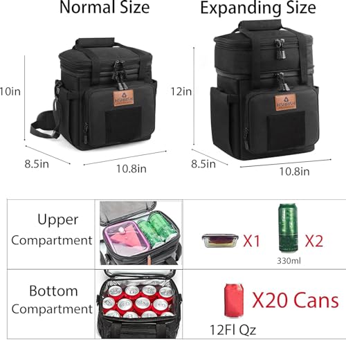 HSHRISH Tactical Lunch Box, Large Expandable Insulated Lunch Bag, Durable Waterproof Leakproof Cooler Bag for Adults/Men/Women/Work Outdoor Beach Trips, 20 Cans/15 L, Black