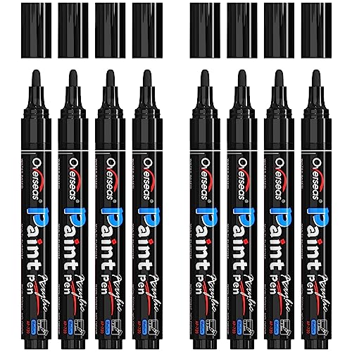 Overseas Black Paint Pens Paint Markers - Permanent Acrylic Markers 8 Pack, Water-Based, Quick Dry, Waterproof Paint Marker Pen for Rock, Wood, Plastic, Metal, Canvas, Glass, Fabric, Mugs. Medium Tip