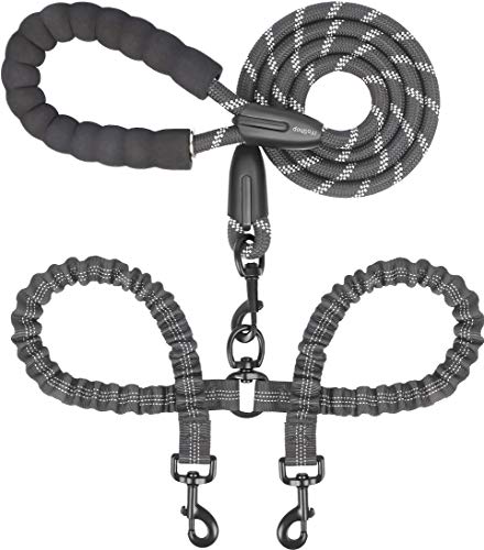 iYoShop Dual Dog Leash, 360 Swivel No Tangle Walking Leash, Shock Absorbing Bungee for Two Dogs, Black, Medium (8-35 lbs)