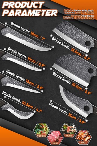 ROCOCO 13PCS Butcher Cleaver Knife Set for Meat Cutting Serbian Chef Viking Boning Knife with Roll Bag for Kitchen Outdoor BBQ Camping Birthday Father Mother Gift Idea Men