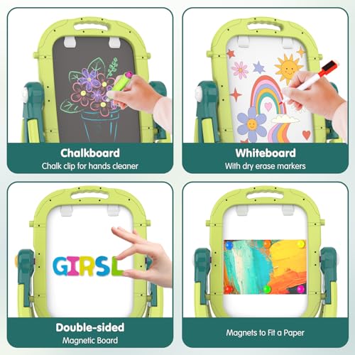 Ylovetoys Easel for Kids, Toddler Art Easel Adjustable Standing, Magnetic Double Sided Easel with Painting Accessories Gift for Boys and Girls (Green)