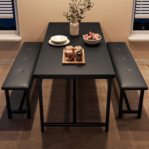 GAOMON Dining Table Set for 4, Kitchen Table with Benches, Rectangular Dining Room Table Set with 2 Upholstered Benches, 3 Piece Kitchen Table Set for Small Space, Apartment, Studio, Retro Black