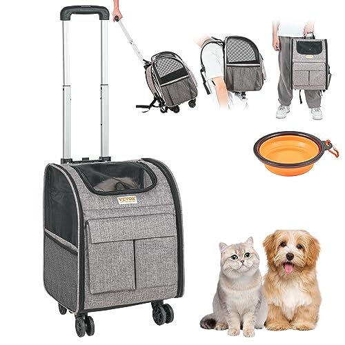 VEVOR Rolling Pet Carrier Backpack with Wheels for Under 18LBS, Large Soft Sided Wheeled Dog Carrier Cat Travel Carrier Airline Approved for Small Dogs and Medium Cats with Upgraded Wheels