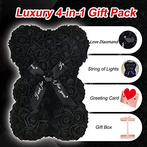 Lgv Flower Rose Bear,Romantic Gift for Valentine's Mother's Day, Christmas, Birthday,Girl Friend Her Mom Female Wife with Artificial Heart-Shaped Diamonds Black