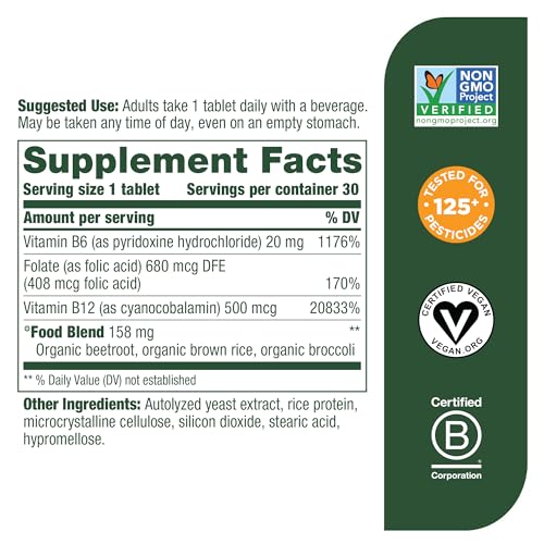 MegaFood Vegan Vitamin B12 - Vitamin B Supplement with Vitamin B6, B12 Vitamins & Folic Acid - Supports Cellular Energy Production, Nervous System Health & Cardiovascular Function - 30 Tablets