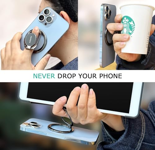 Magnetic Phone Ring Holder, Double Adjustable Gym Finger Ring Grip and Stand, Removable Phone Grip, for iPhone, iPad and Smartphones, Compatible with Magnetic Car Mount (Natural Titanium)