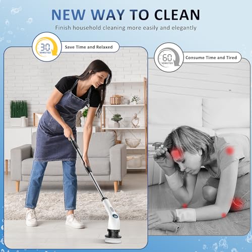 Electric Spin Scrubber, Full-Body IPX7 Waterproof Cordless Power Cleaning Brush with Adjustable Extension Handle, 2-Speed Shower Scrubber with 7 Replaceable Brush Heads for Bathroom, Kitchen Cleaning