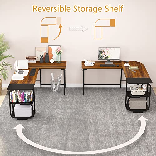 Merronix L Shaped Desk with Storage Shelves, Reversible Corner Computer Desk for Home Office, Modern Gaming L Desk with Spacious Desktop, Teak