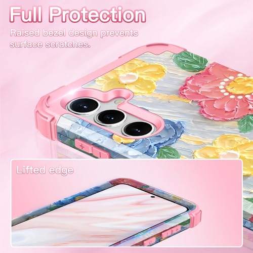 LONTECT for Galaxy S24 Plus 5G Case Shockproof 3 in 1 Heavy Duty Hybrid Rugged Full Body Protective Cute Oil Painting Flowers Cover Case for Samsung Galaxy S24+ Plus 5G 6.7 2024,Light Purple