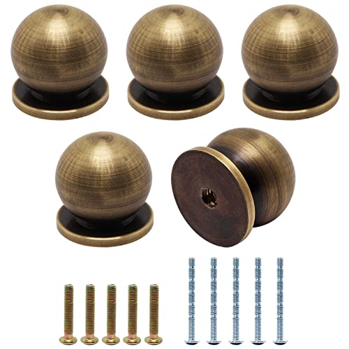 YuGtcen Brass Cabinet Knobs 5 pcs, Bronze Gold Knobs for Dresser Mini Round Knobs Drawer Pulls Knobs Furniture Hardware for Cabinets Kitchen Cupboard Dresser Drawer Closet Door (Antique Brass, 5)