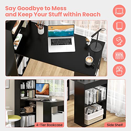 IFANNY 48 Inch Computer Desk with Bookshelf, Reversible Study Writing Desk with Storage Shelves & CPU Stand, Compact Office Desks & Workstations, Black Desk for Bedroom, Kids Room, Study (Black)