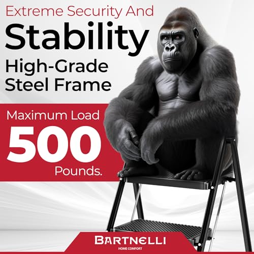 Bartnelli Pro Luxury Step Ladder | European Made 3 Step Foldable Step Stool for Home | Rock-Solid 500 lb Capacity,Built to Last with Highest-Grade Sturdy Steel Construction,Soft Handle, Anti-Slip Feet