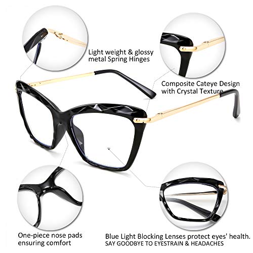 FEISEDY Crystal Cat Eye Reading Glasses Blue Light Blocking Reader Anti Eyestrain Glasses B2596 Black 1.00x