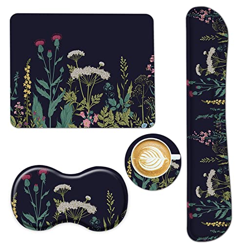 AIMSA Keyboard Wrist Rest Support + Mouse Pad + Mouse Wrist Rest + Coaster, Ergonomic Memory Foam Anti-Slip Rubber Base 4 PCS Set Easy Typing Pain Relief, Flowers Plants