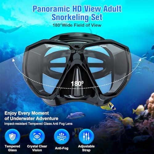 HiiPeak Snorkeling Gear for Adults, Dry Snorkel Set, Panoramic Wide View, Diving Scuba Mask Snorkel mask Set Dry Snorkel Swimming Glasses Nose Cover Youth Diving Goggles Masks Black