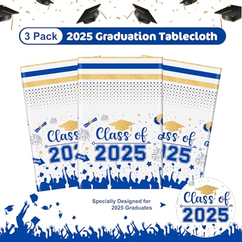 Graduation Decorations Class of 2025 Tablecloth - 3 Pcs Plastic Congrats Grad Table Cloth, Graduation Table Cover for Graduations Party Decorations 2025 and Party Supplies, 54"x108" (Blue and Gold)