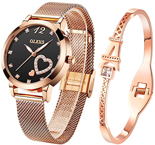 OLEVS Womens Watch Gifts Bracelet Set Rose Gold for Lady Female Business Dress Diamond Ladies Watch Casual Analog Waterproof Luminous Two Tone Wrist Watch Silver