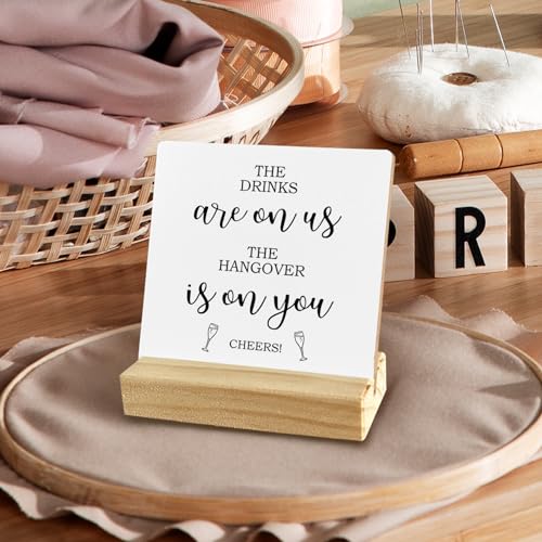 QASHWEY Wedding Bar Desk Decor, Wedding Open Bar Wood Table Signs, Wedding Signs for Reception, Wedding Reception Table Decor,The Drinks are on Us Wooden Plaque with Wooden Stand for Wedding Open Bar