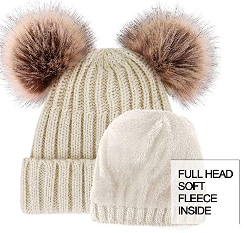 Arctic Paw Women Knit Beanie Cable Knit Beanie Hat Faux Fur Pompom Beanie with Ears Red