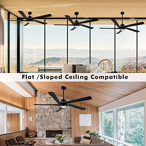 WINGBO 54" DC Ceiling Fan with Lights, 5 Carved Solid Wood Blades, 6-Speed Reversible DC Motor, Matte Black Finish Ceiling Fan with Remote, Black