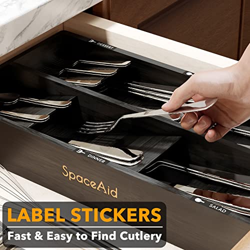 SpaceAid Bamboo Silverware Drawer Organizer with Labels, Kitchen Utensil Tray Holder Organizer for Flatware, Cutlery, Spoon and Knives Drawer Storage Organization (Black, 6 Slots)
