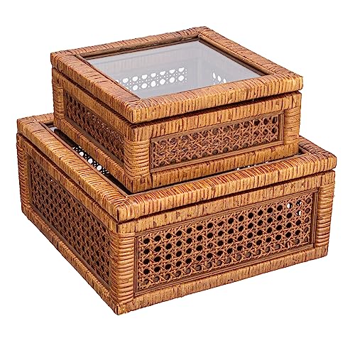 Creative Co-Op Modern Decorative Rectangle Woven Rattan and Wood Display Boxes with Glass Top, Set of 2 Sizes, Dark Brown Finish, Rectangular